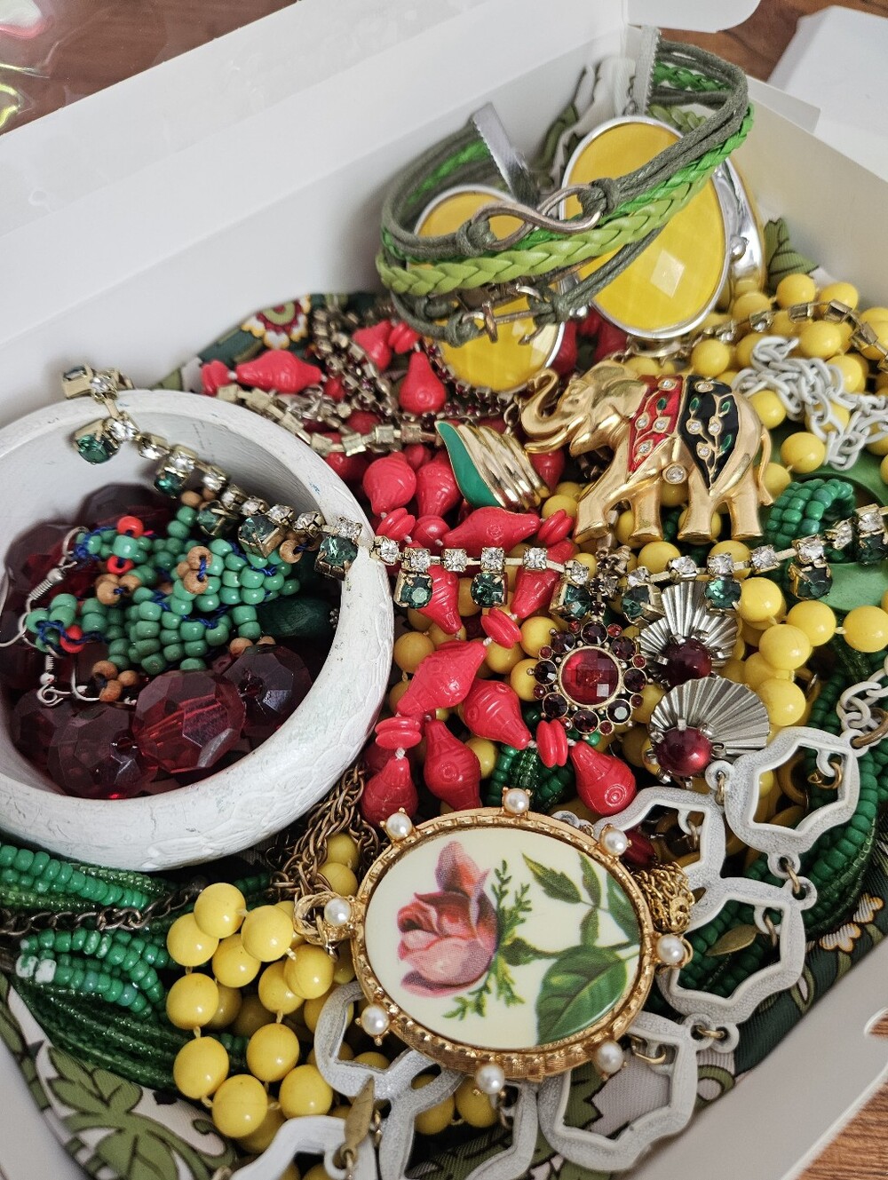 Estate Jewelry Lot Red, Green, Yellow Vintage To Modern W/ Matching Scarf